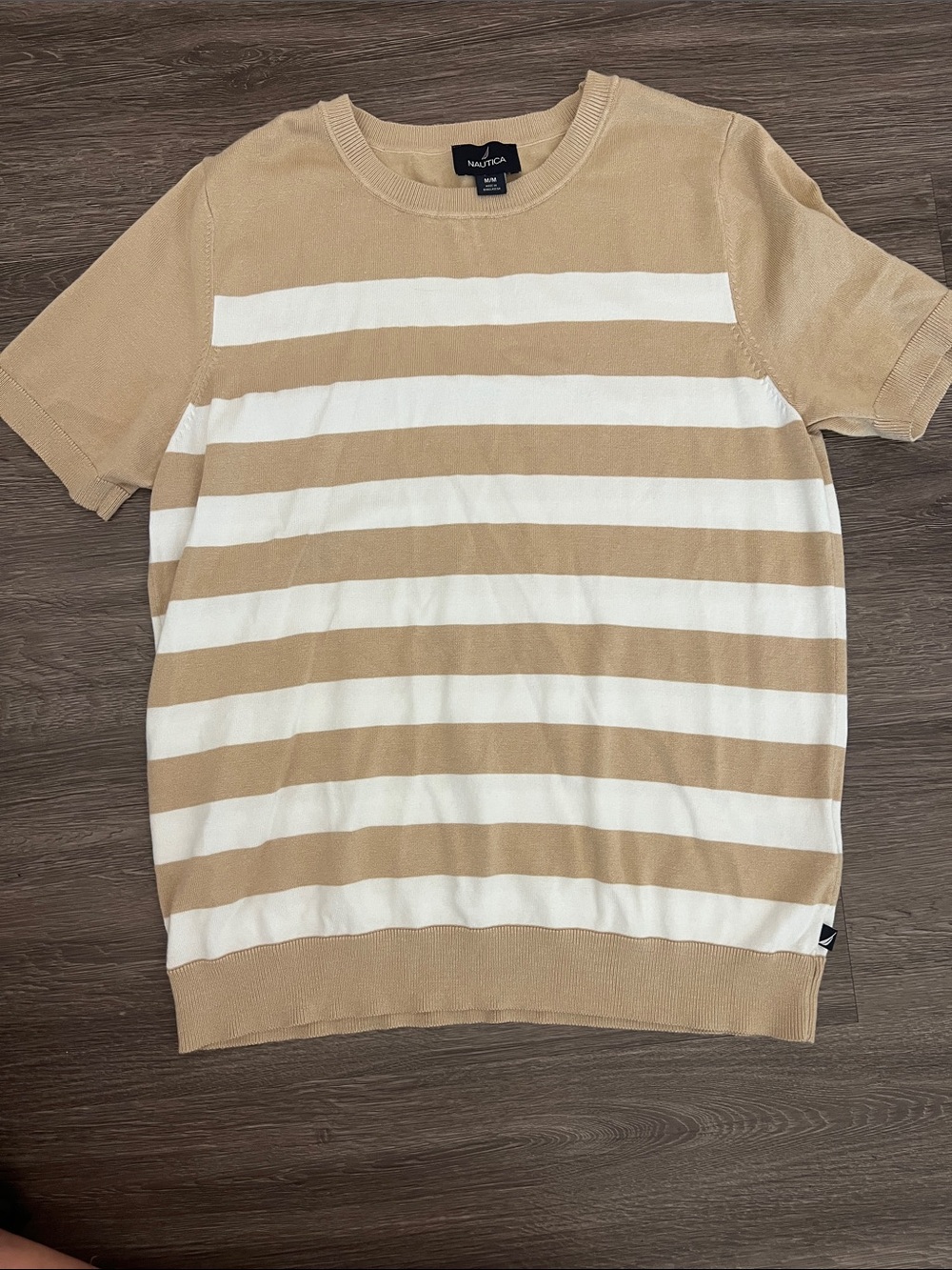 Nautica Women's Cream and Tan Striped Short-Sleeve Knit Top
